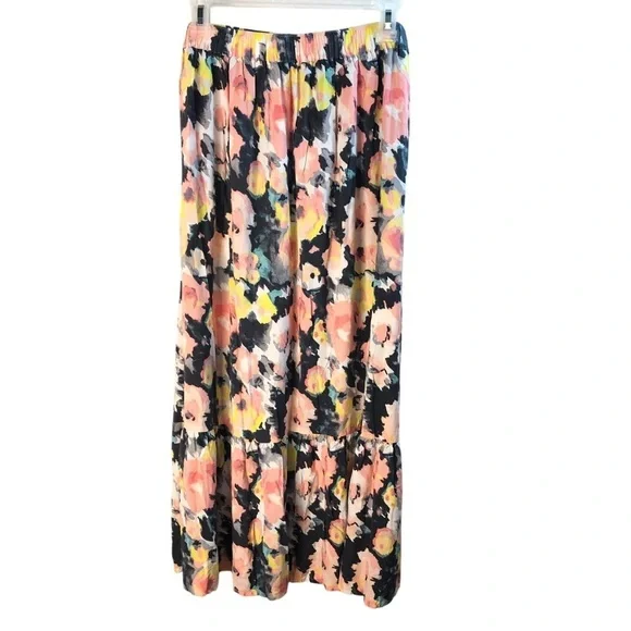 Loft Watercolor Floral Maxi Skirt Sz M Ruffled Tiered Hem Romantic Feminine Boho - Picture 4 of 8